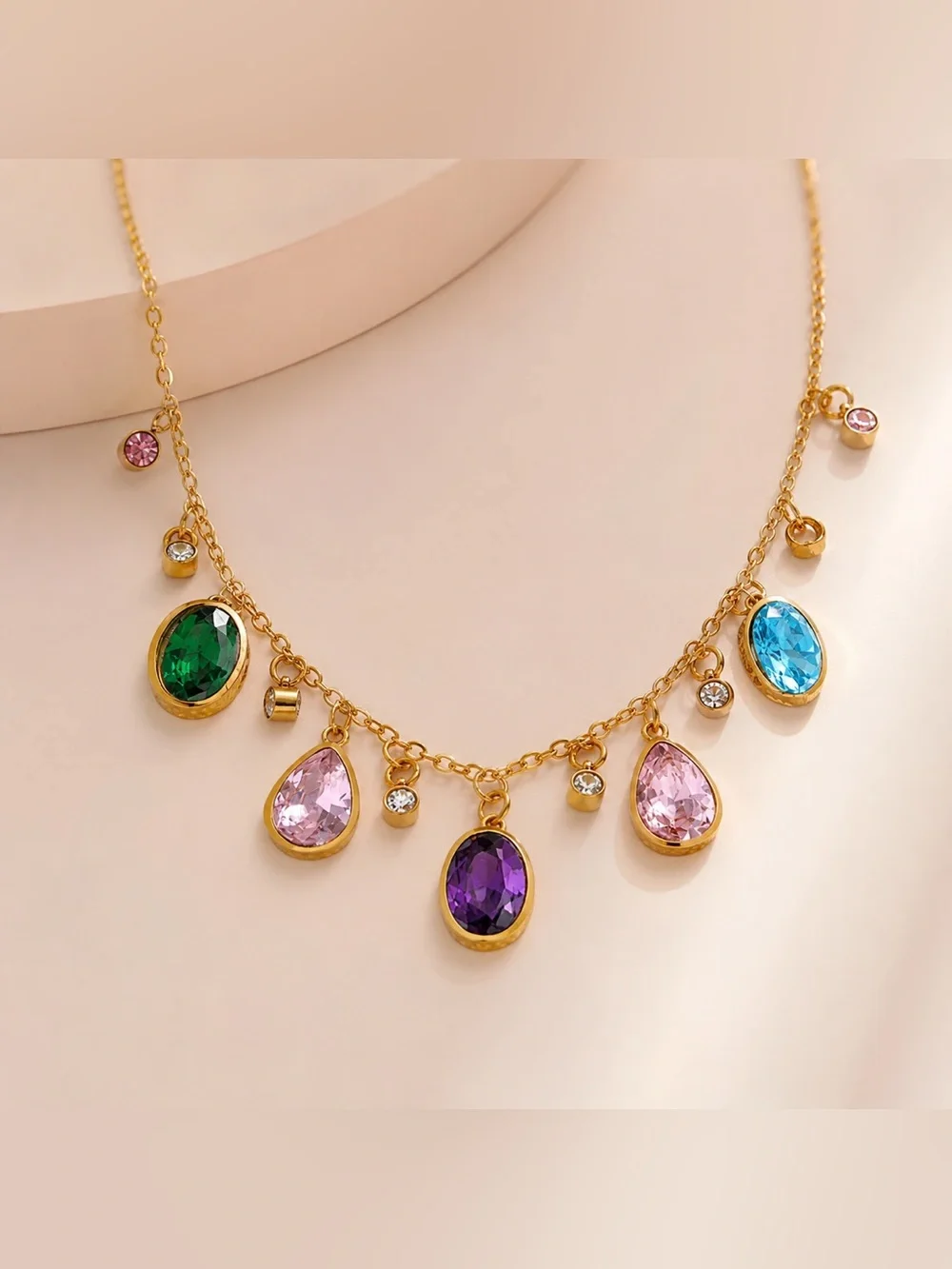 Rainbow Gemstone Charm Necklace – 18K Gold PVD Plated Stainless Steel